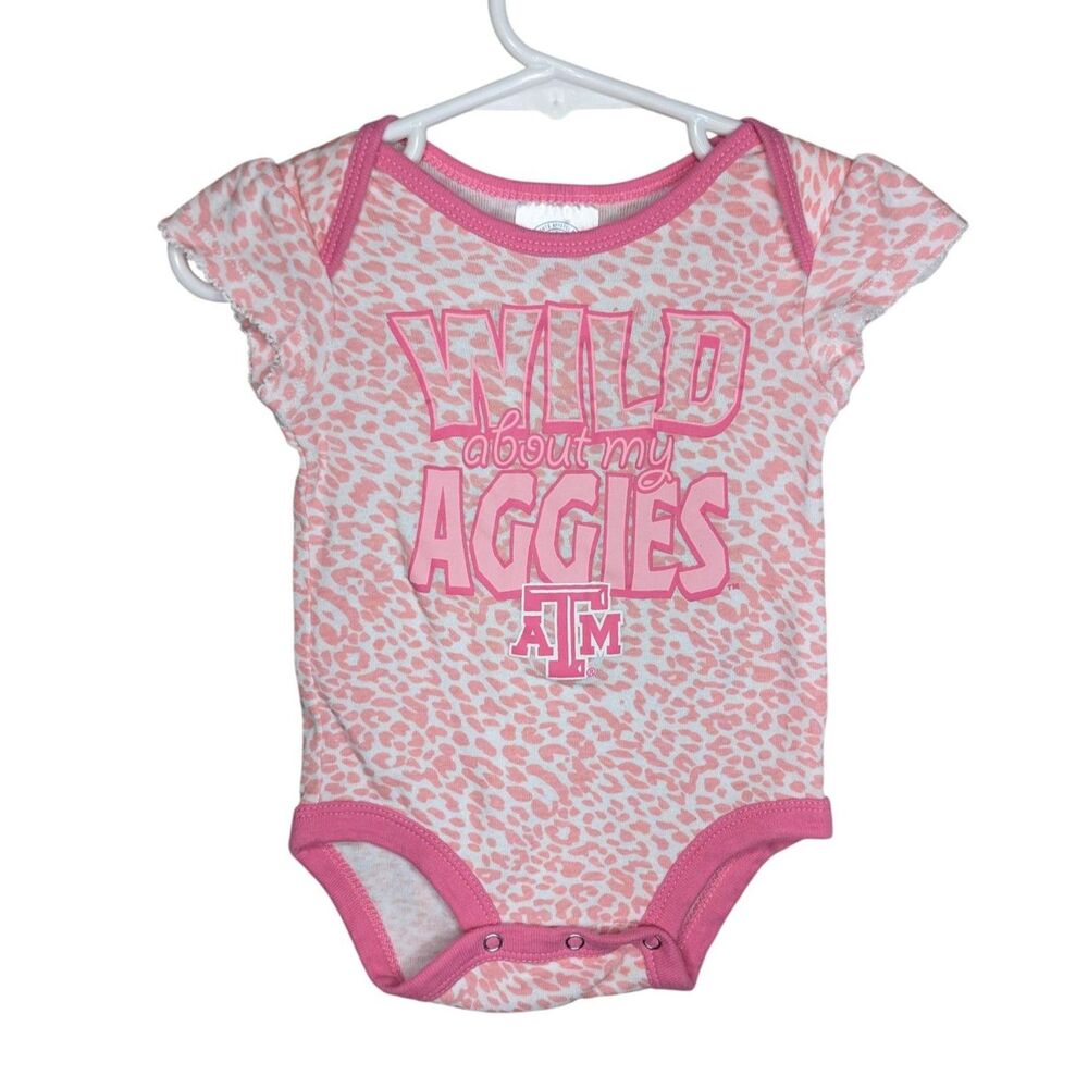 EUC Texas A&M Aggies Girls Infant Bodysuit Romper Size 3-6 Mos Pink Animal Print